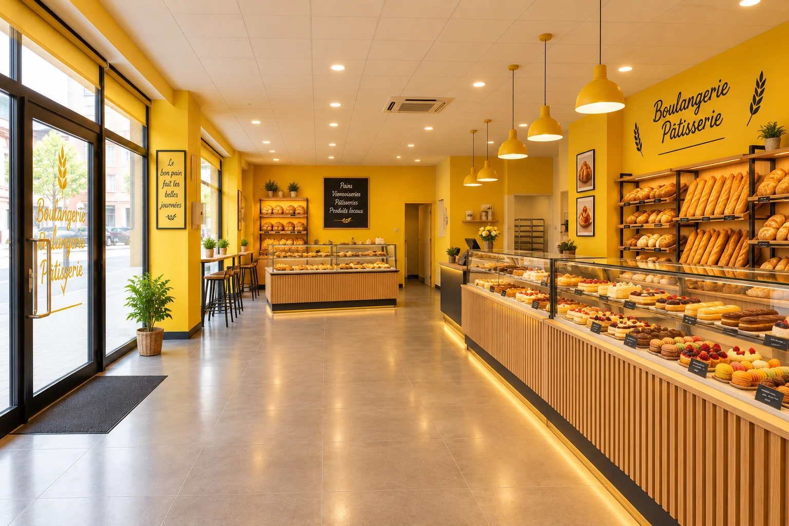 Le même local aménagé en boulangerie-pâtisserie, prêt à ouvrir