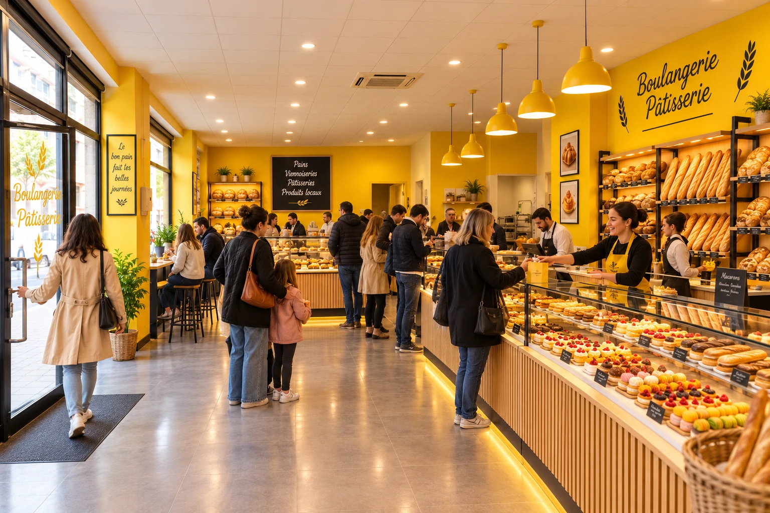 La boulangerie ouverte, pleine de clients